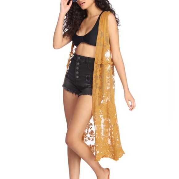 EUC Golden Mustard Windsor sleeveless cardigan small Bohemian Beauty Lace - Picture 1 of 6